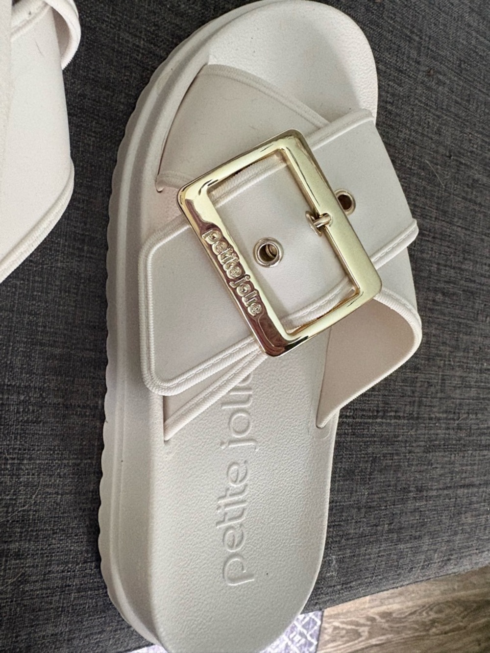 petite jolie White Slide Sandals with Gold Buckles - Picture 4 of 5